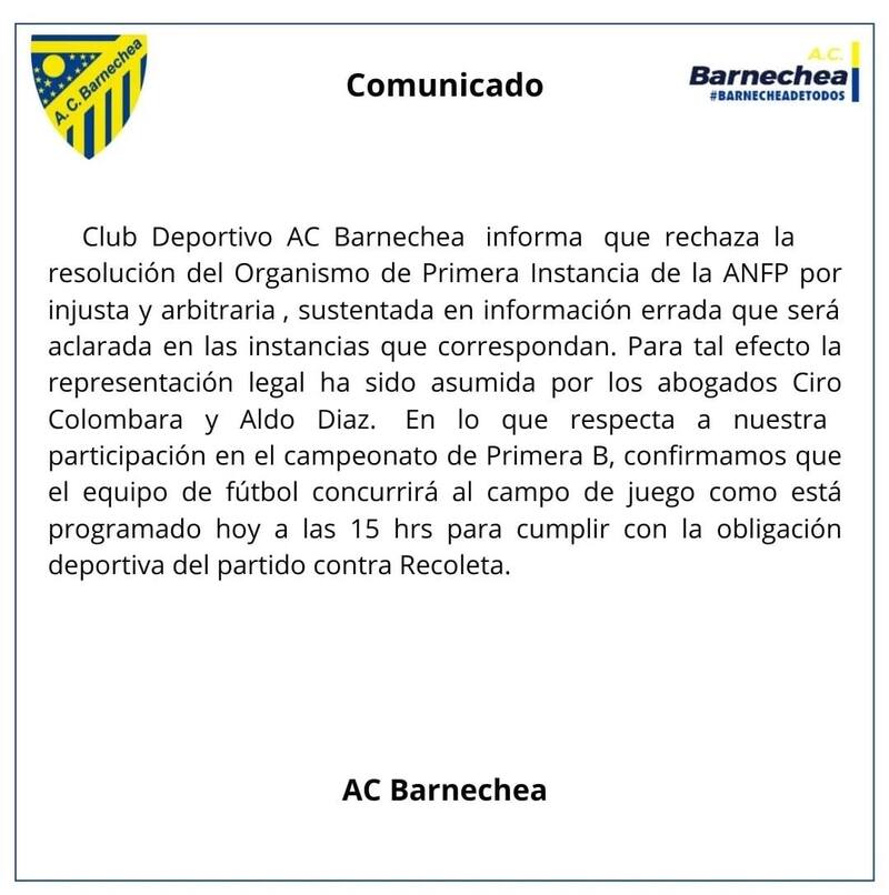 AC Barnechea y su comunicado tras la decisión de la ANFP.