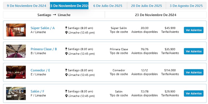 Valores de pasajes del Tren del Recuerdo - 23 de noviembre.