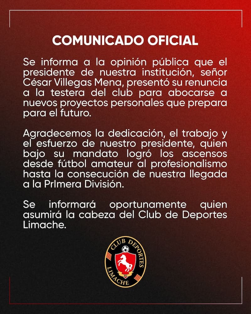 César Villegas dejó el cargo de presidente