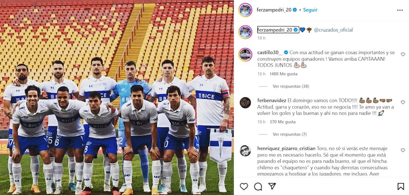 El delantero compartió una imagen del plantel de la UC en redes sociales y fue elogiado por Nicolás Castillo.