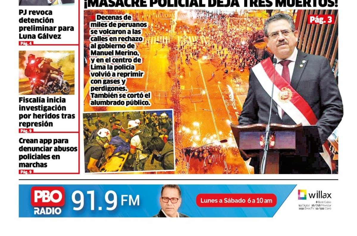 "Merino Asesino": Las duras portadas de medios peruanos tras muerte de manifestantes