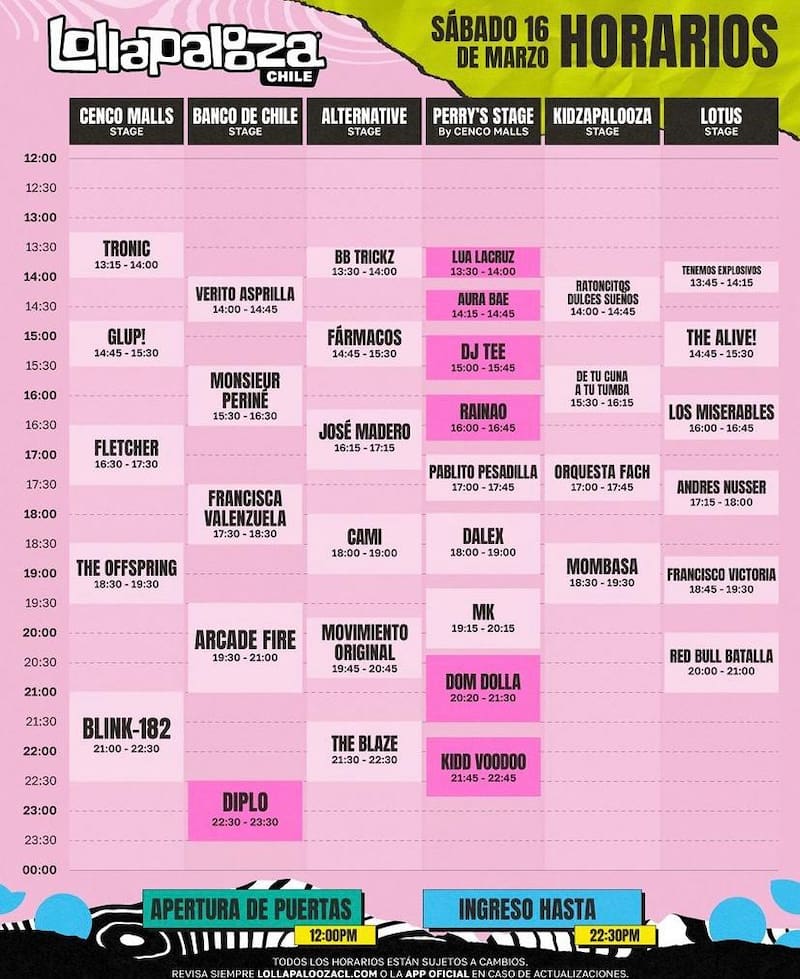 Horarios actualizados para Lollapalooza Chile 2024.