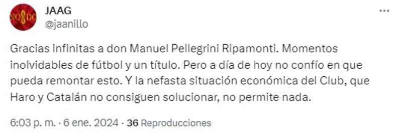 Hincha agradece a Pellegrini, pero pide su salida del club