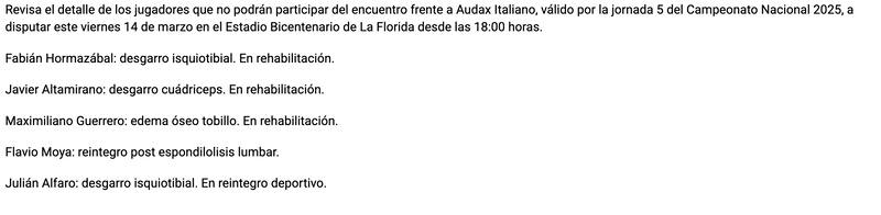 Parte médico de la U en la previa del duelo ante Audax Italiano.