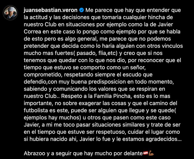 Juan Sebastián Verón y su mensaje en Instagram sobre Javier Correa.