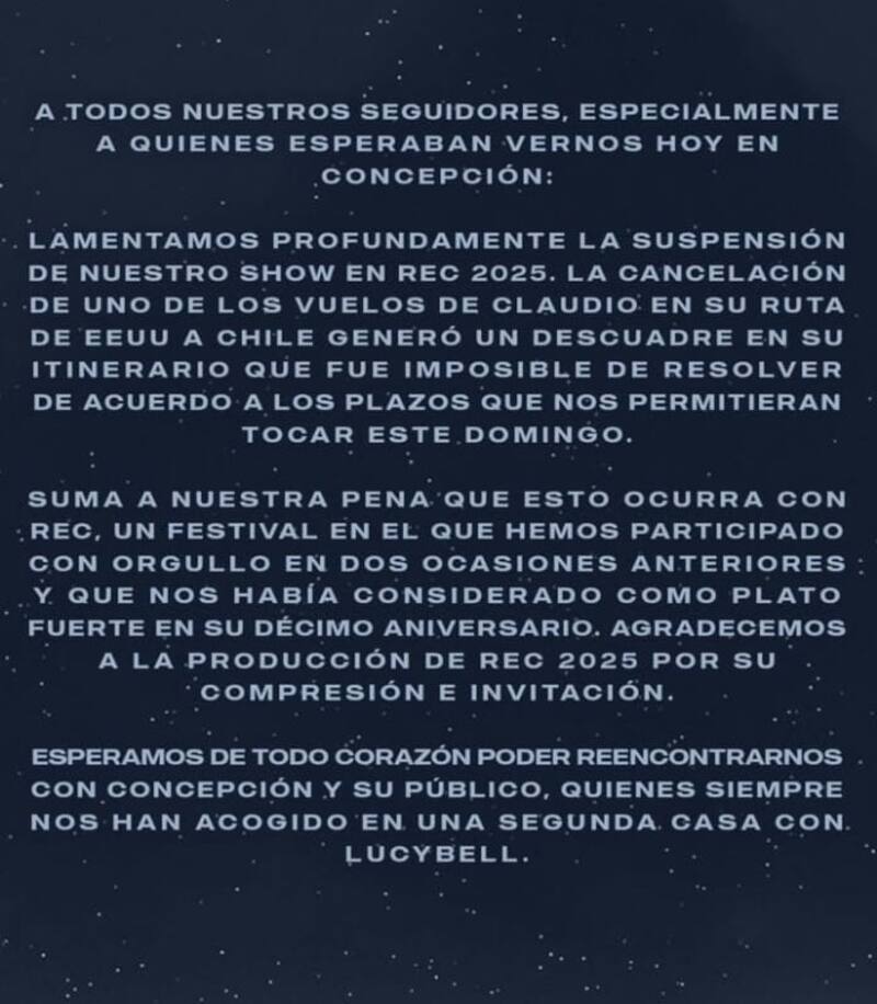 El grupo explicó su baja del Festival REC. Créditos: Instagram