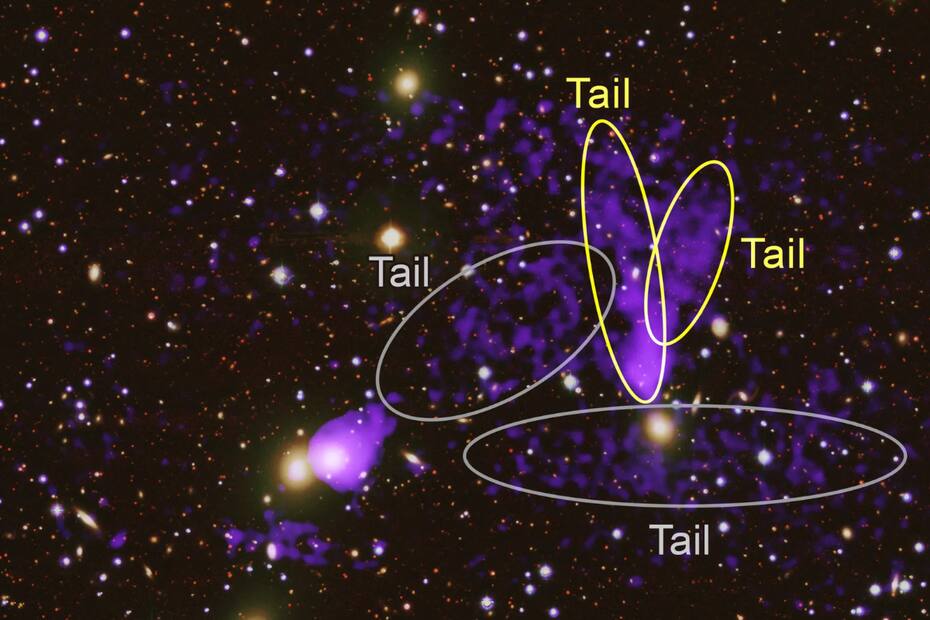Descubren cúmulo de galaxias con corrientes de gas entrelazadas.
