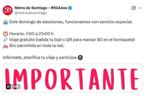 Para este domingo, la red anunció que comenzará a funcionar una hora antes de lo habitual. Foto: Cuenta X de Metro de Santiago.