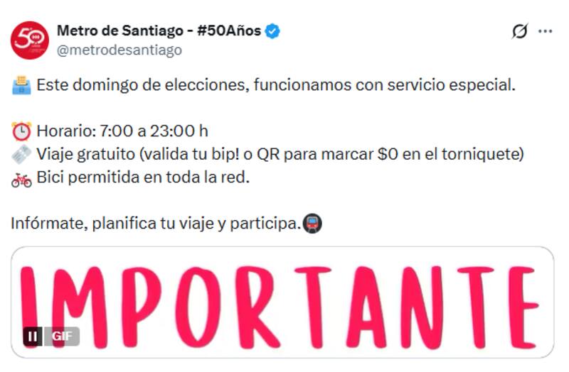 Para este domingo, la red anunció que comenzará a funcionar una hora antes de lo habitual. Foto: Cuenta X de Metro de Santiago.