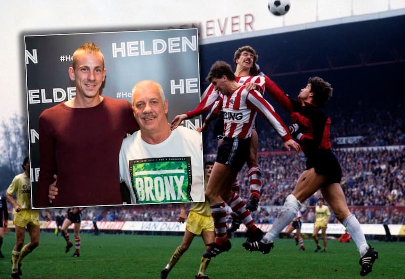 Superpuesto en el recuadro, Wout Holverda junto a su hijo Robin. En la foto principal, el defensor elevándose por sobre el arquero.