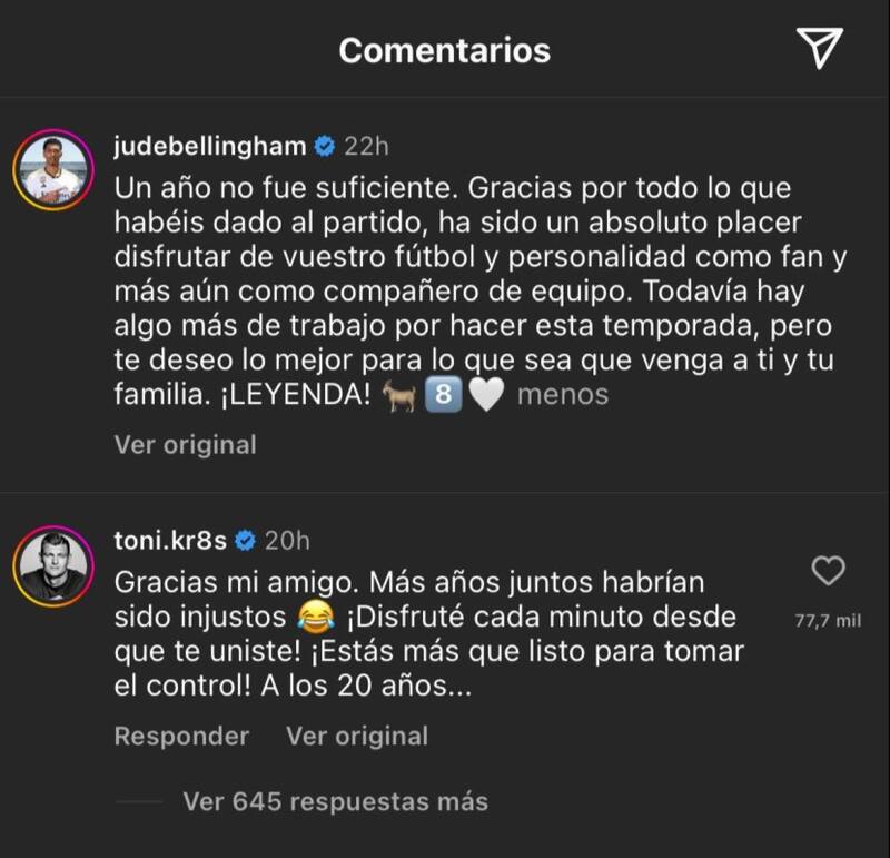 El comentario del volante en el post de Jude Bellingham.