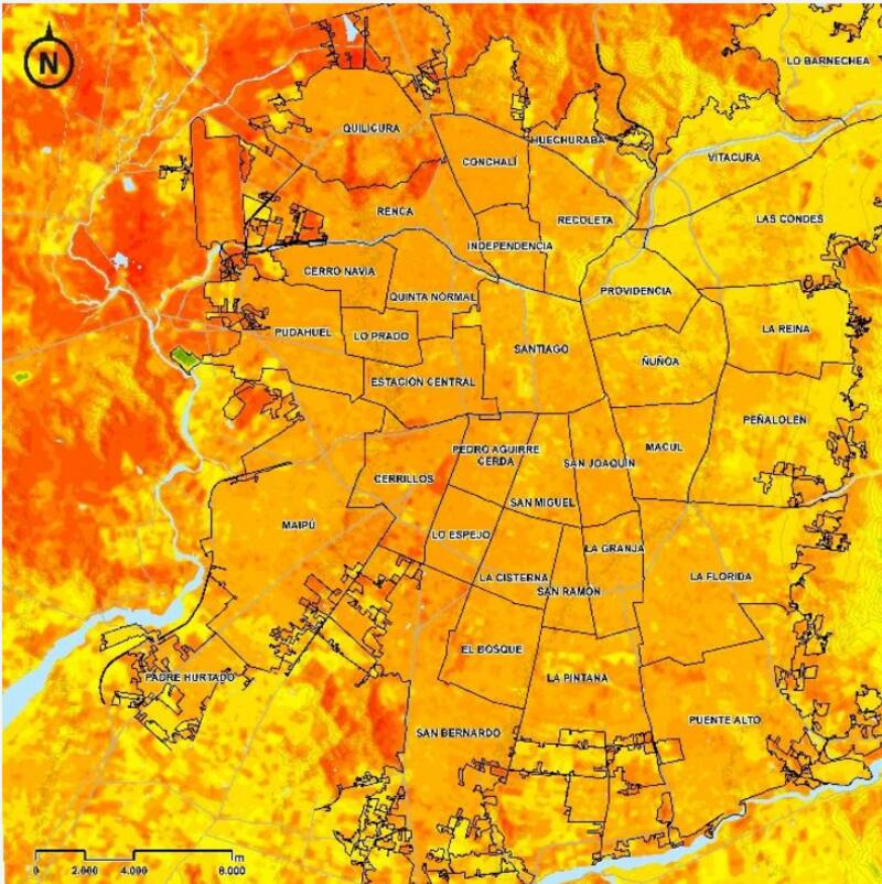 Mapa de calor con las temperaturas extremas registradas en Santiago para el día 26 de enero de 2020. Foto: Corporación Ciudades.