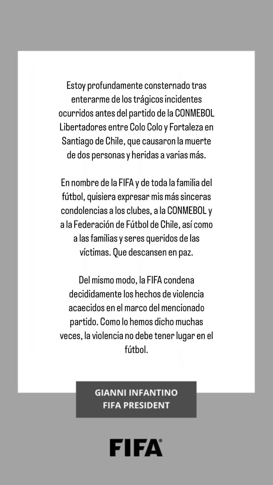 Esto escribió el mandamás de la FIFA sobre los hechos ocurridos en el Estadio Monumental.