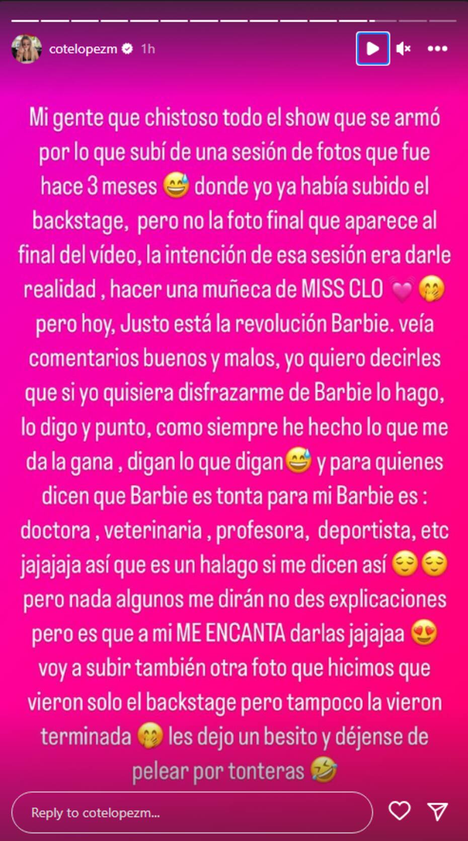 A través de redes Sociales, Coté López subió una historia a Instagram defendiéndose de quienes la criticaron por posar como Barbie para una sesión de fotos.