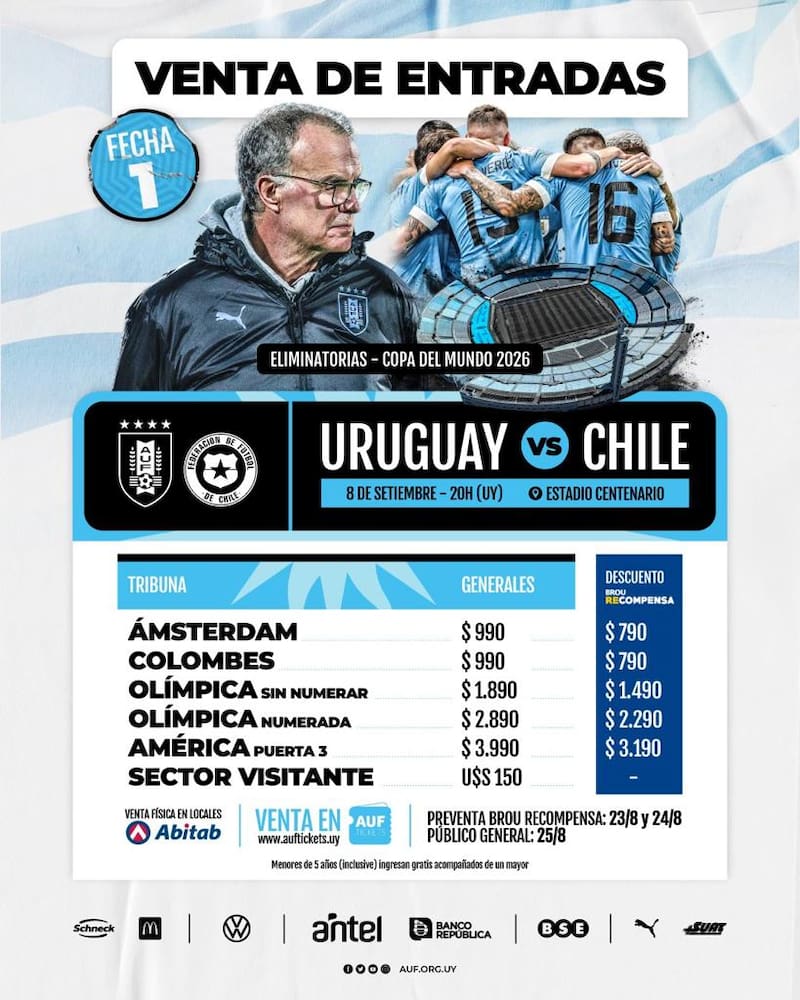Los valores que fijó la AUF para ver el partido entre Uruguay y Chile por las Eliminatorias Mundialistas.