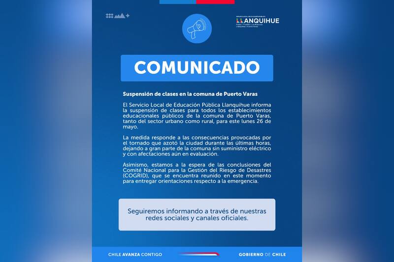 El Servicio Local de Educación Pública de Llanquihue suspendió las clases en todos los establecimientos educacionales públicos de Puerto Varas para este lunes.
