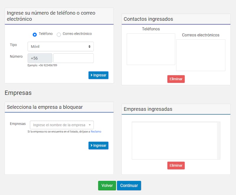 En este apartado deberás ingresar tanto tu información como los nombres de las empresas que no quieres que te contacten.