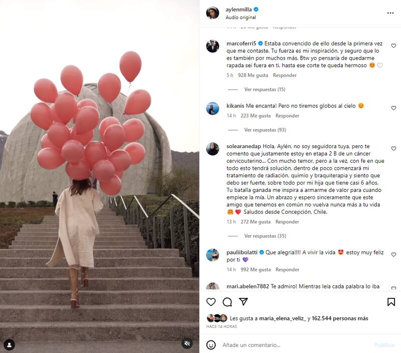 Aylén Milla compartió por redes sociales que venció al cáncer de mama y en la sección de comentarios Marco Ferri, su antiguo amor, le mandó un romántico mensaje.