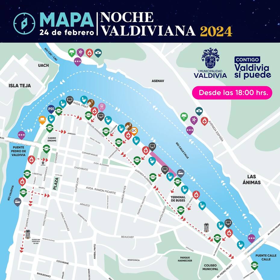 Este es el mapa con los puntos de interés de la Noche Valdiviana 2024.