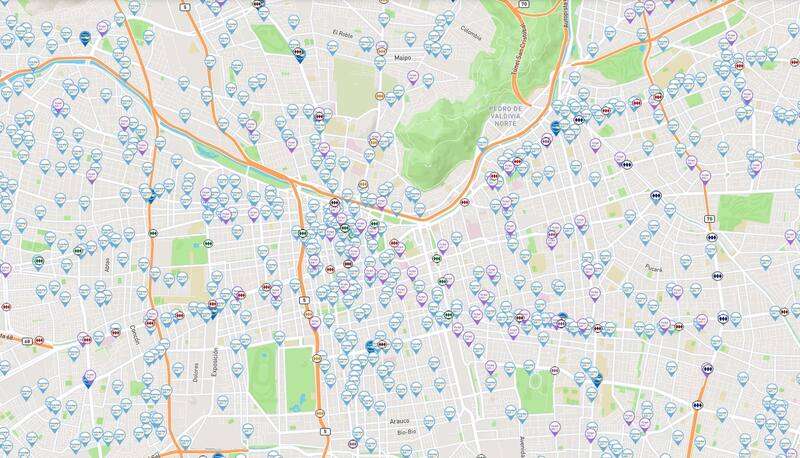 Así lucen los Puntos Bip! de Santiago en el mapa digital.