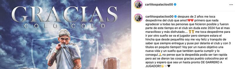 Carlos Palacios se despidió de Colo Colo.