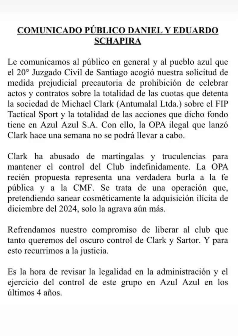 Comunicado emitido por la Familia Schapira.