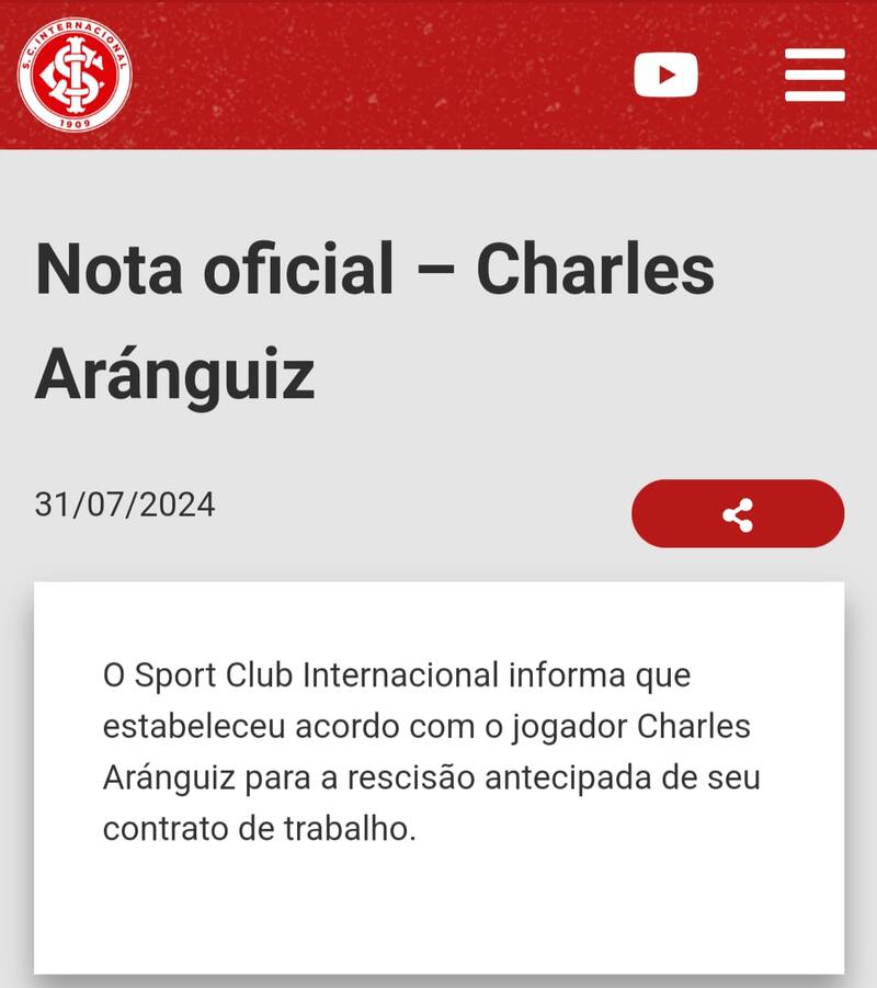 El comunicado del Inter sobre la salida de Charles Aránguiz.