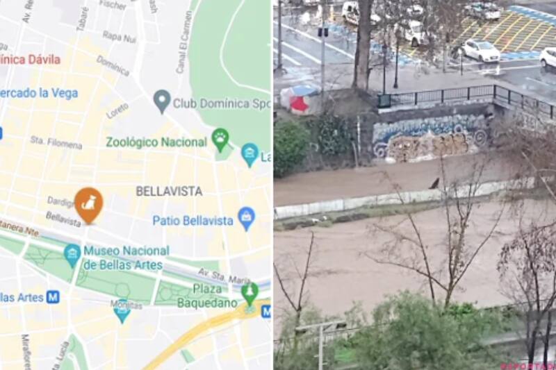 Perro se encuentra atrapado en Río Mapocho tras el aumento de su caudal.