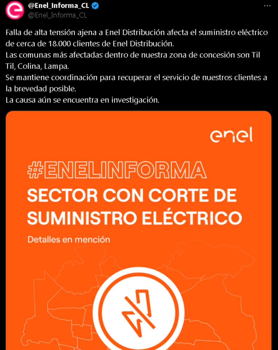 por corte de luz en la RM. Créditos: @Enel_Informa_CL