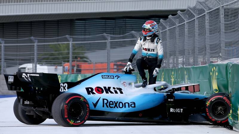 SOCHI, RUSSIA - SEPTEMBER 29: George Russell of Great Britain and Williams walks from his car after crashing during the F1 Grand Prix of Russia at Sochi Autodrom on September 29, 2019 in Sochi, Russia. (Photo by Charles Coates/Getty Images)