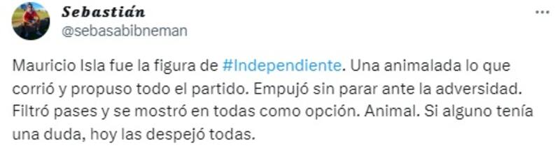 Mauricio Isla fue elogiado por reconocido hincha de Independiente