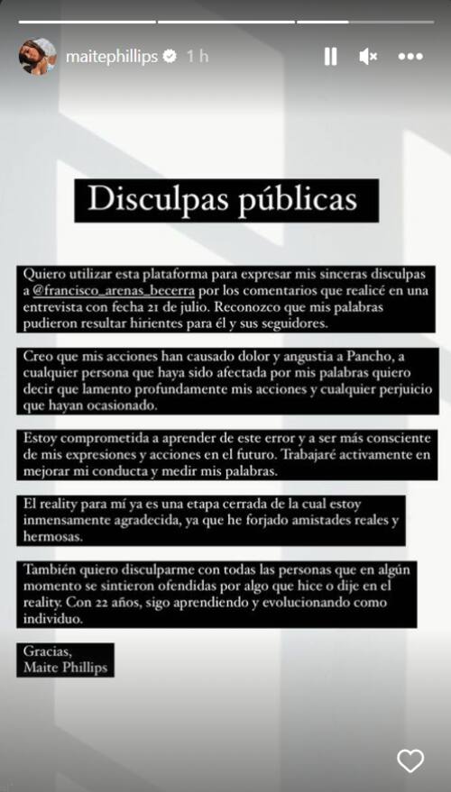 Disculpas de Maite Phillips a Francisco Arenas y televidentes de "Gran Hermano" Chile.