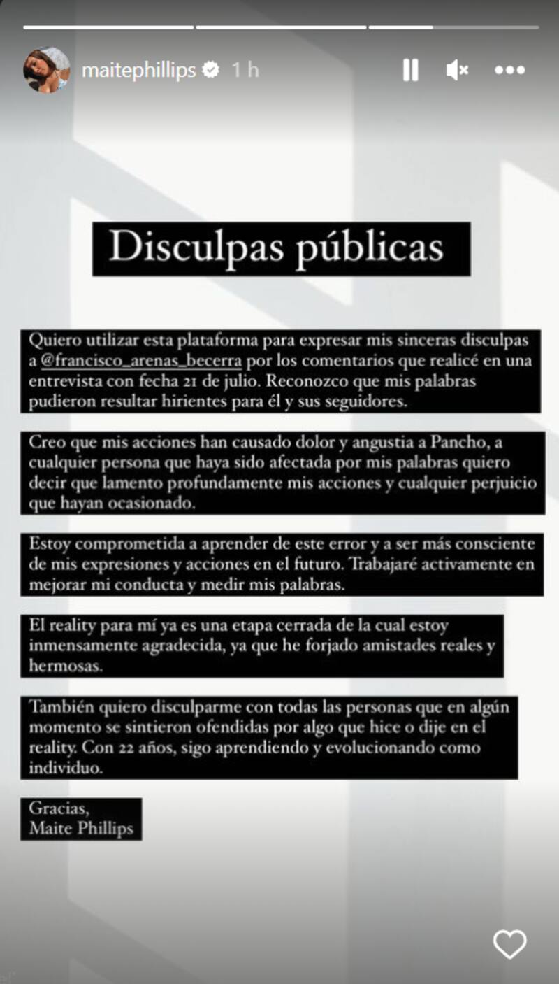 Disculpas de Maite Phillips a Francisco Arenas y televidentes de "Gran Hermano" Chile.