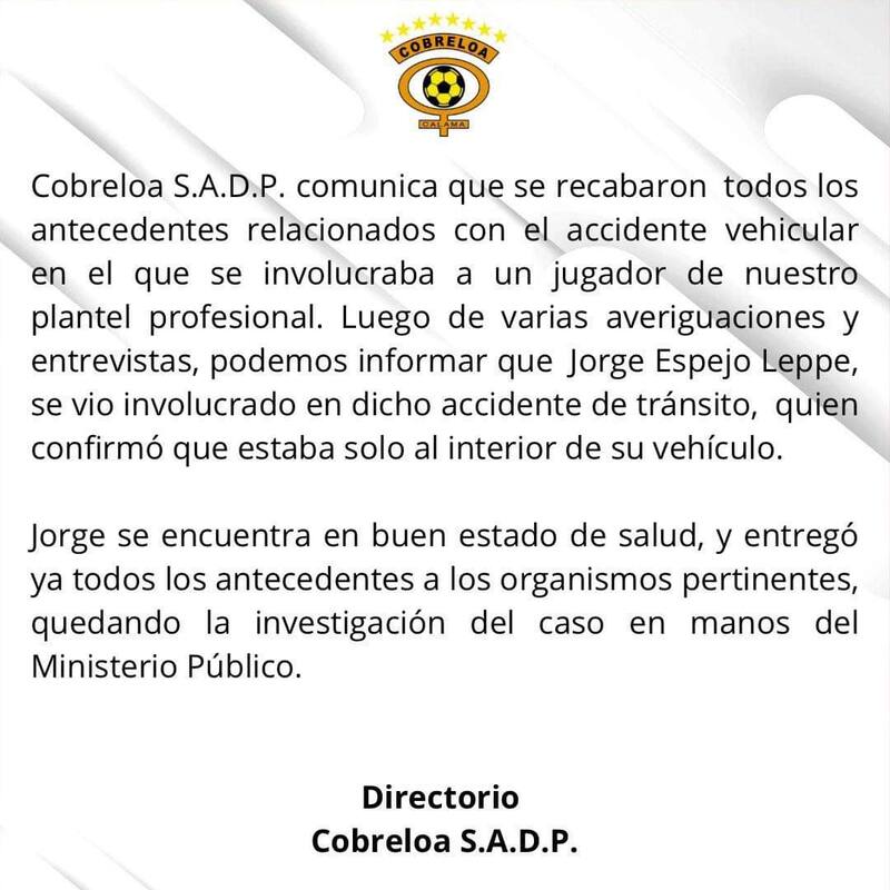 Cobreloa confirma accidente de tránsito de Jorge Espejo.
