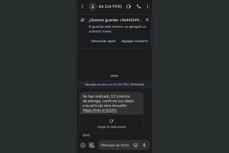 El mensaje de estafa en cuestión.