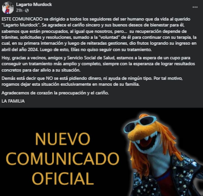 Su familia a través de su cuenta de Facebook publicó un informe sobre el estado de salud del humorista. Créditos Captura: Facebook.