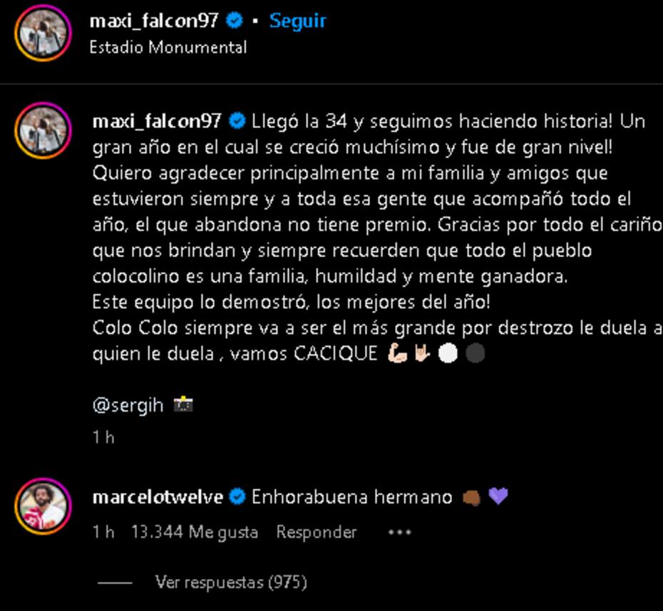 Marcelo felicitó a Maxi Falcón en Instagram.