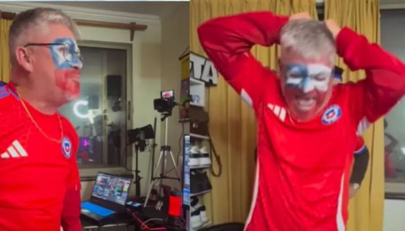 Juan Jara, quien le da vida al personaje "Wena Papito", reaccionando al partido de Chile ante Argentina en Copa América.