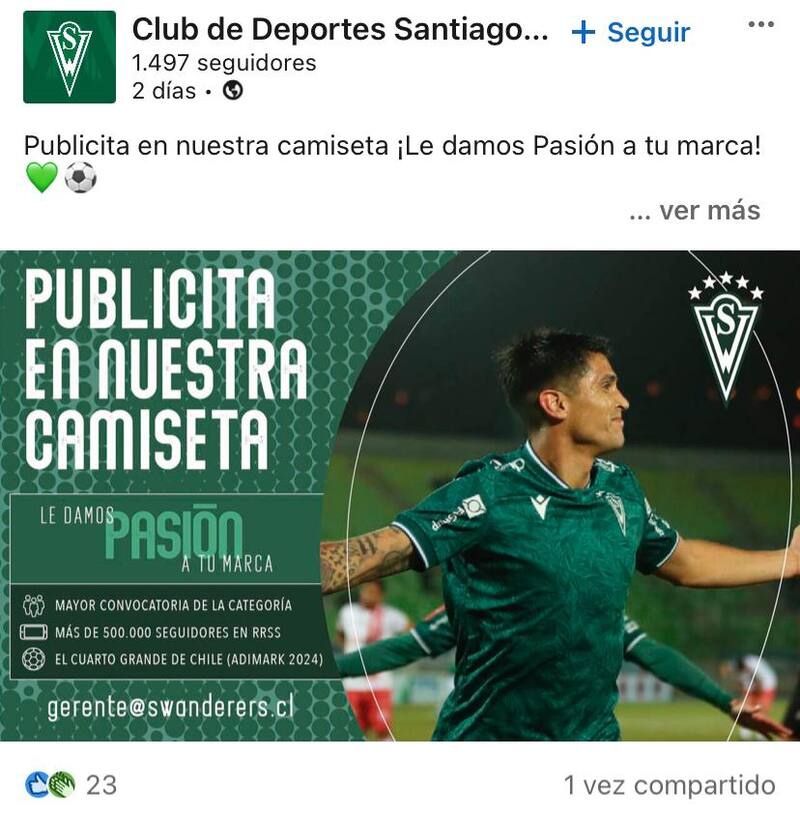 La publicación de Santiago Wanderers en Linkedin