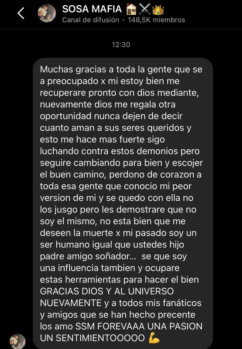 Julianno Sosa habla sobre su estado de salud tras recibir al menos dos impactos de balas.