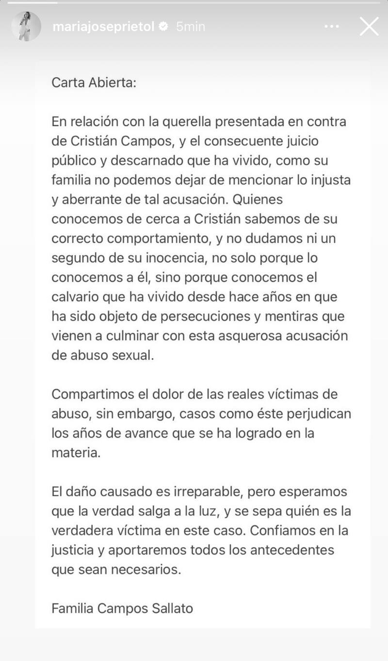 María José Prieto compartió el comunicado de la familia Campos Sallato.