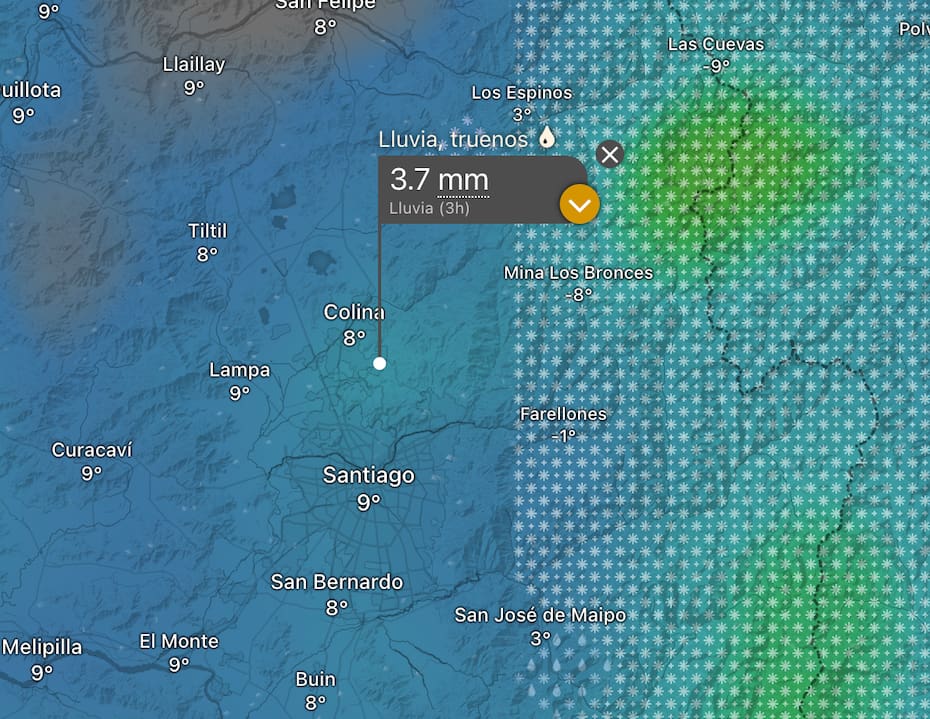 Windy pronostica precipitaciones para el lunes 28 en Santiago. Foto: Windy.