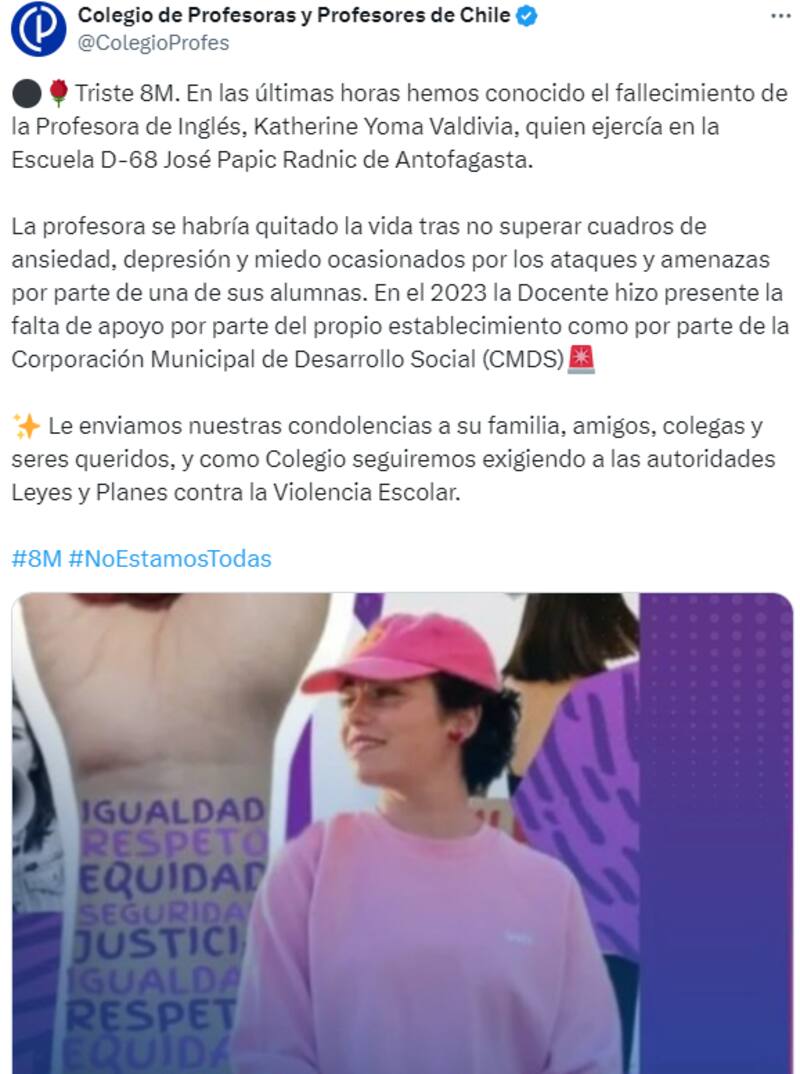 Publicación del Colegio de Profesores por suicidio de Khaterine Yoma.