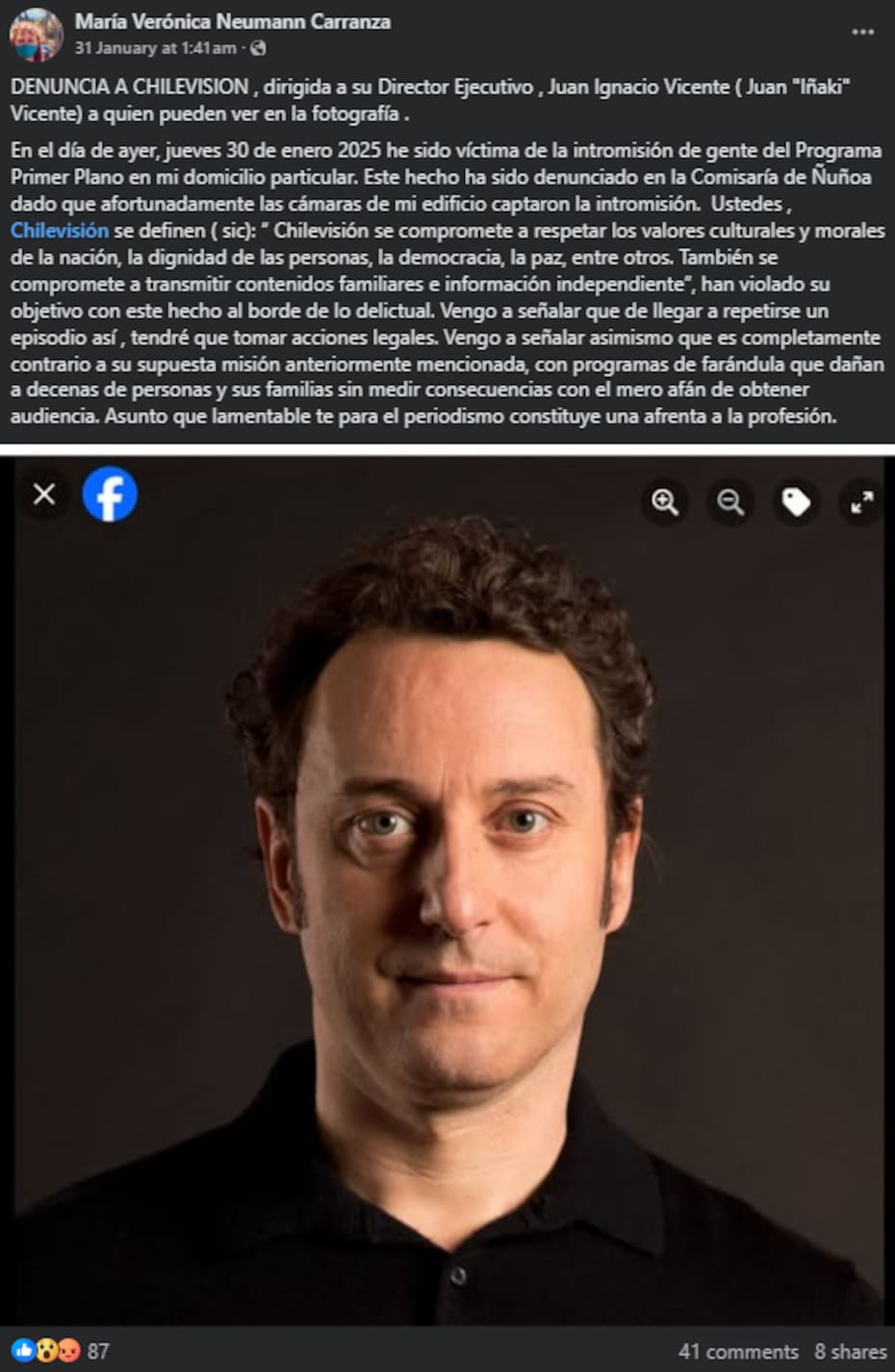 acusa por Facebook el actuar del programa Primer Plano por entrar a su domicilio.