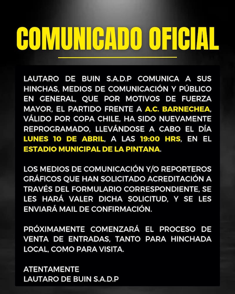 El club anunció una nueva reprogramación del partido ante Barnechea.