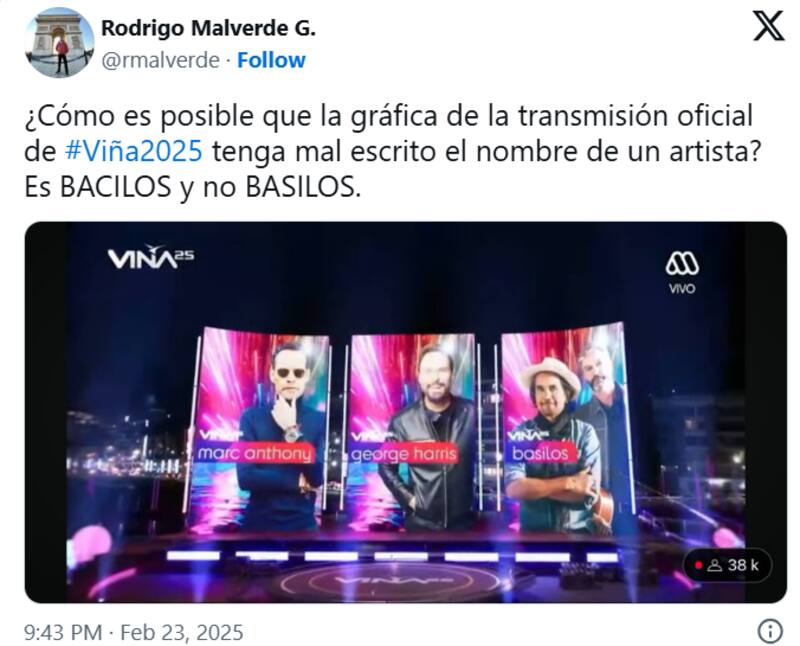 se mostraron molestos al notar la falta de ortografía en el nombre del dúo argentino Bacilos en las gráficas del Festival de Viña 2025.