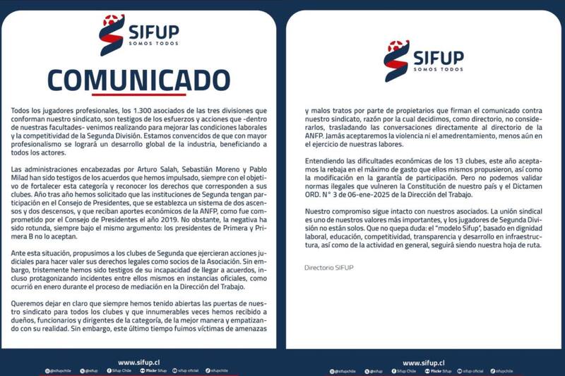 El Sindicato anunció que cesará el diálogo con los clubes de Segunda División. Foto: Sifup.