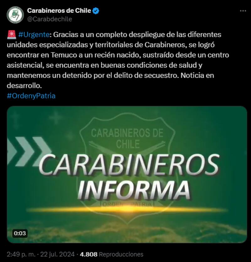 La información de la recuperación de la menor fue entregada por Carabineros a través de sus canales oficiales.