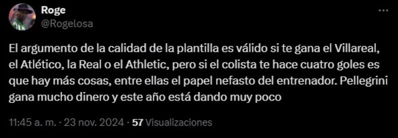 Los hinchas señalan a Manuel Pellegrini por dolorosa derrota del Betis