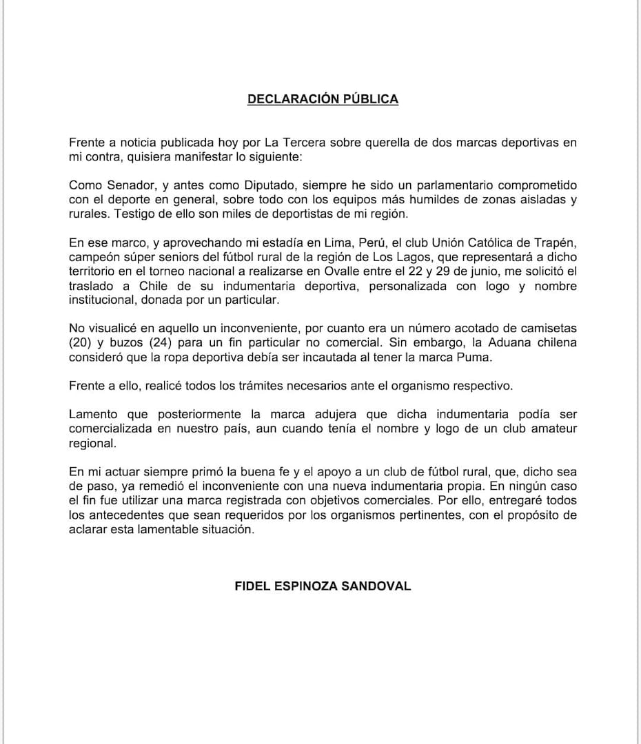 Comunicado de Fidel Espinoza.